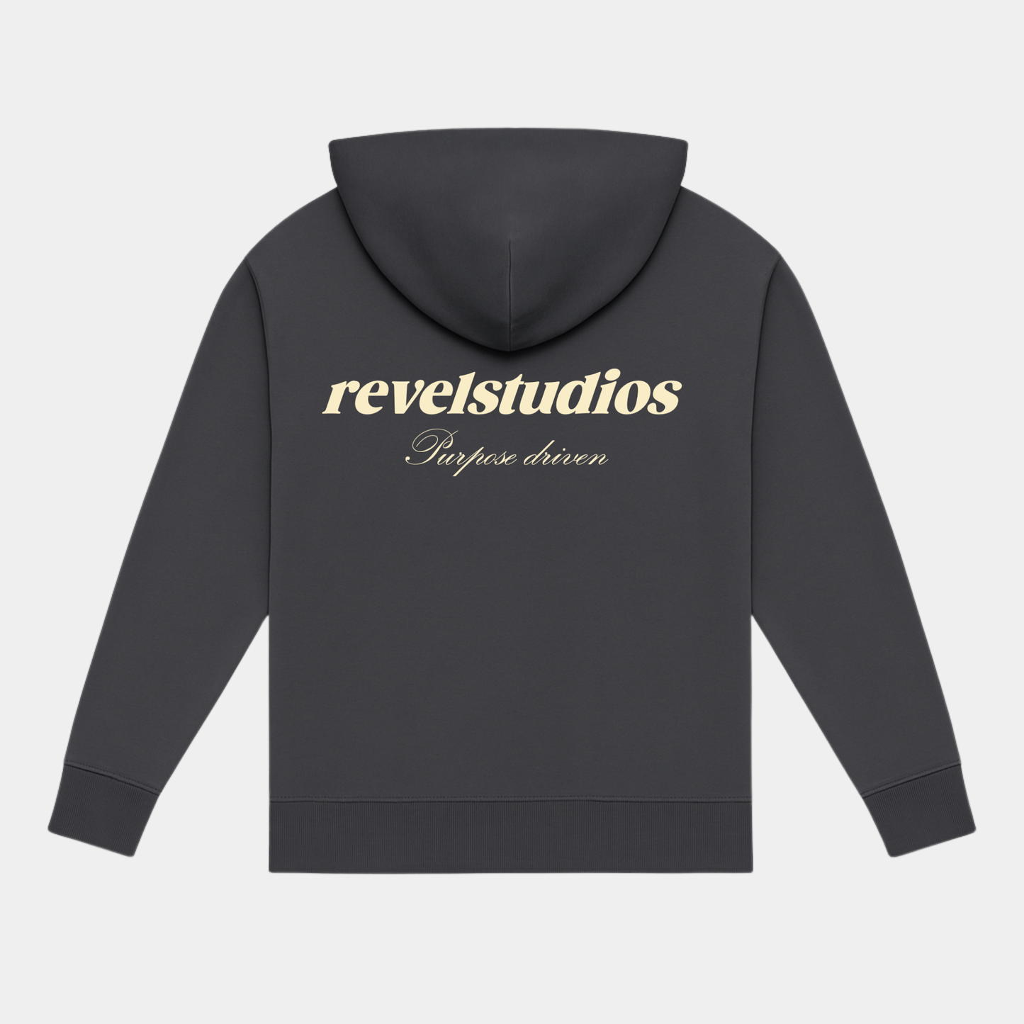 Sudadera gris de algodón con logo de revelstudios purpose driven en beige