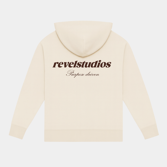 Sudadera beige de algodón con logo de revelstudios purpose driven en marrón